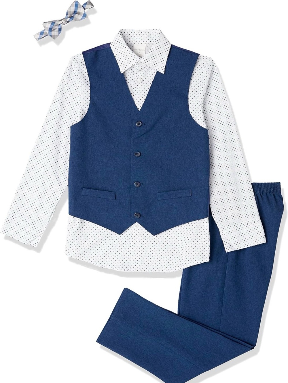 Van Heusen Navy Vest & Pants Set with White Polka Dot Shirt and Plaid Bow Tie